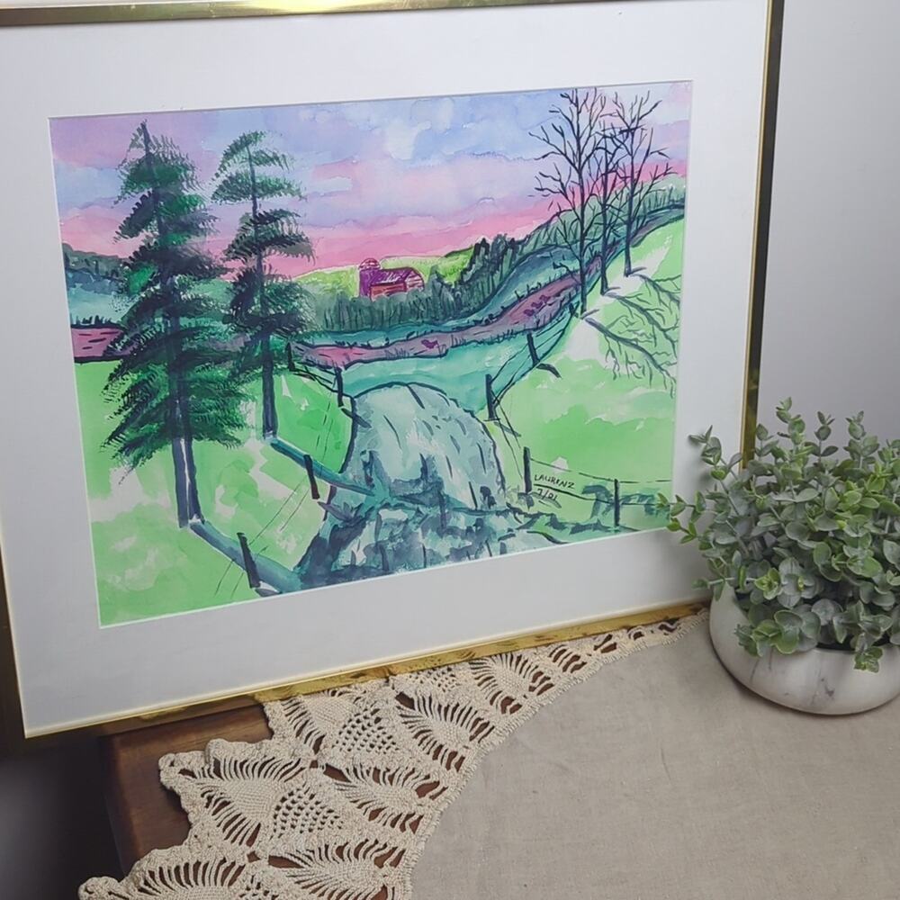 Original Watercolor Landscape Painting Framed Countryside Art Signed Laarenz
